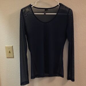 Elegant Sheer Long Sleeve Navy Top